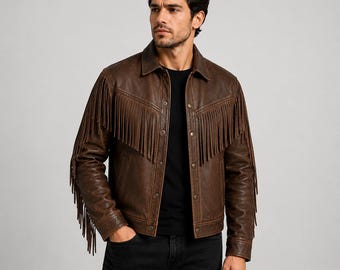 Handmade Men Fringe Leather Shirt Jacket | Brown Cowboy Leather Western Coat