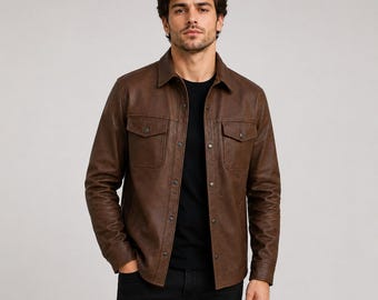 Handmade Men Brown Leather Shacket |Casual Western Lightweight Shirt Coat