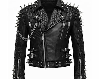 Mens Spiked Leather Jacket Black Cowhide Punk Biker Coat