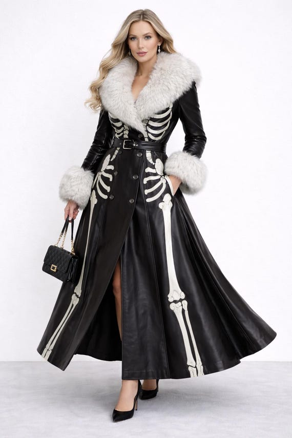 Women's Skeleton Leather Overcoat Faux Fur Collar Long Gothic Winter Coat