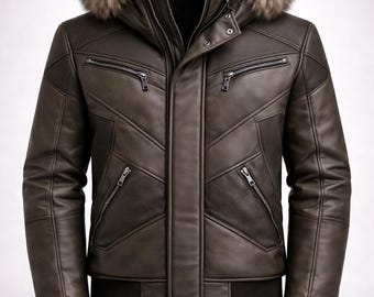 Herren handgefertigte Lederjacke Pelzhaube | Winter Bomberjacke | Bikermantel