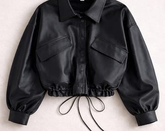 Women's Black Leather Cropped Jacket  Button Up Casual Streetwear Coat