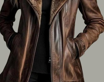 Cappotto lungo invernale in pelle di montone marrone da donna