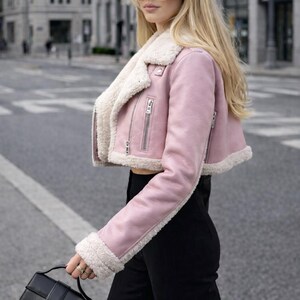 Women Leather Jacket Light Purple Faux Shearling Cropped Biker Coat Pink