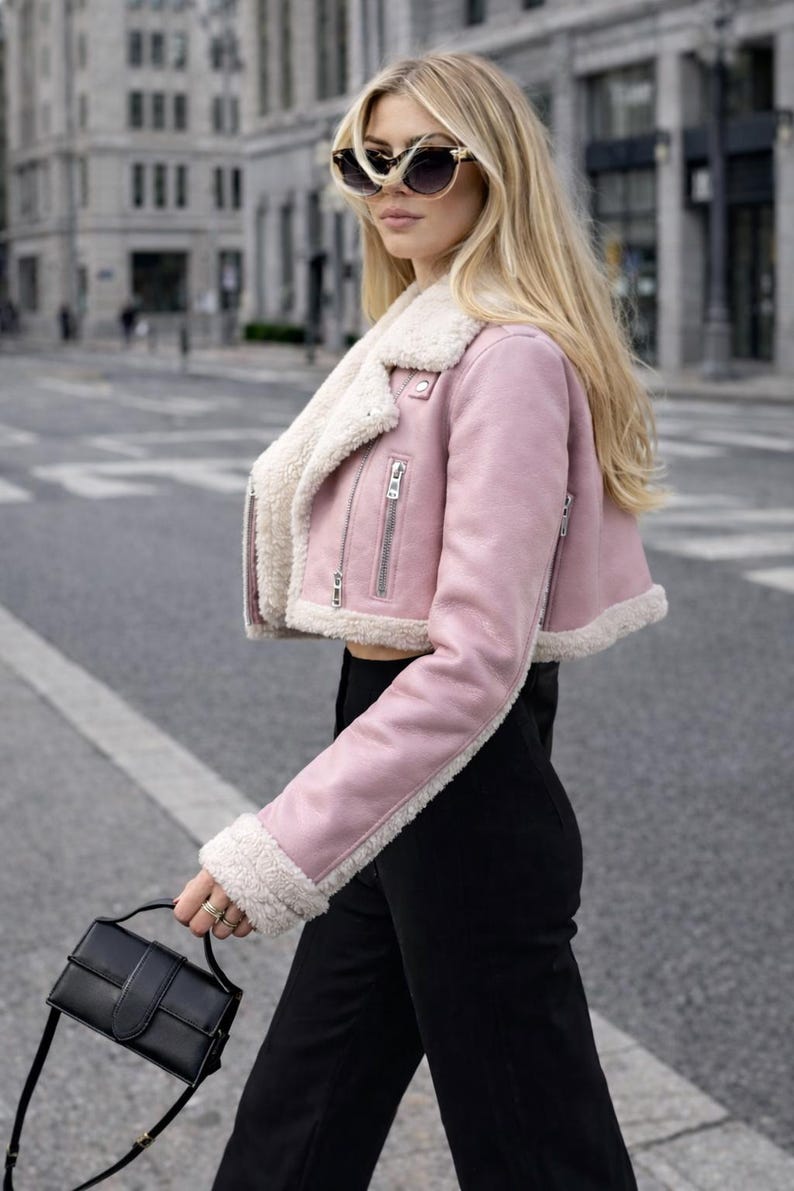 Women Leather Jacket Light Purple Faux Shearling Cropped Biker Coat Pink