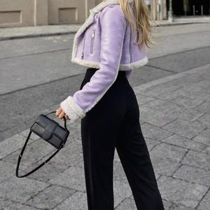 Women Leather Jacket Light Purple Faux Shearling Cropped Biker Coat image 3