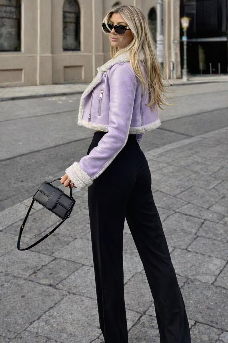Women Leather Jacket Light Purple Faux Shearling Cropped Biker Coat image 3