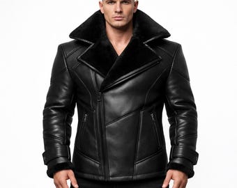 Mens Leather Shearling Jacket | Faux Fur Collar Biker Winter Coat