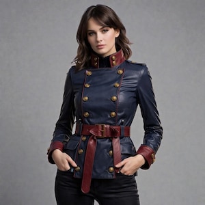 May include: Navy blue leather jacket with a double-breasted design, featuring gold buttons and a burgundy collar, cuffs, and belt. The jacket has a military-inspired style with a fitted silhouette and two front pockets.