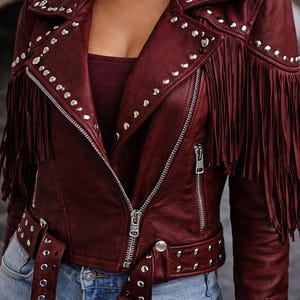 Women's Burgundy Leather Fringe Jacket  | Studded Biker Western Style Coat