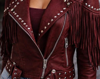 Women Burgundy Leather Fringe Jacket  | Studded Biker Western Style Coat