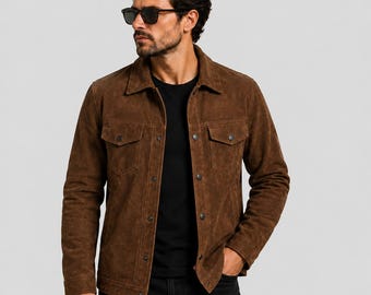Men's Brown Suede Leather Shacket |Classic Shirt Jacket Fall Outwear