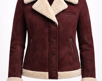 Womens Handmade Burgundy Faux Shearling Leather Jacket Vintage Winter Coat