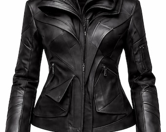 Women Leather Biker Jacket, Real Moto Jacket, Slim Fit High Collar Coat