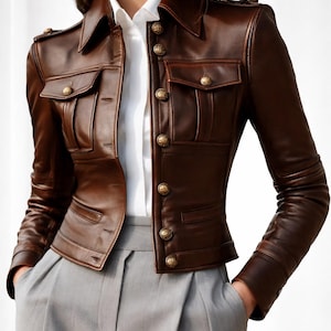 Women Brown Leather Jacket Military Style Slim Fit Casual Coat