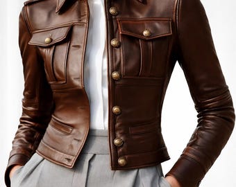 Women Brown Leather Jacket Military Style Slim Fit Casual Coat