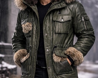 Men's Leather Fur Hooded Parka Coat | Military Style Winter  long Jacket