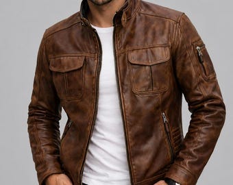 Mens Vintage Lambskin Leather Jacket | Brown Leather Moto Coat for Men
