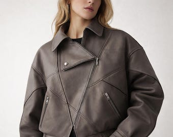Women Leather Cropped Biker Jacket,Minimalist Streetwear Outerwear Fall Outfit