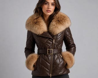 Women's Leather Puffer Jacket Fur Collar | Belted Winter Leather Coat