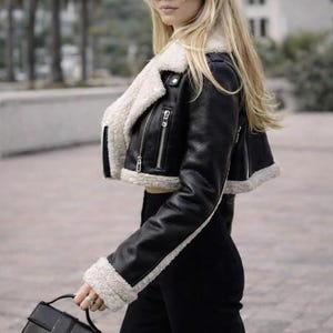 Women Leather Jacket Light Purple Faux Shearling Cropped Biker Coat Black