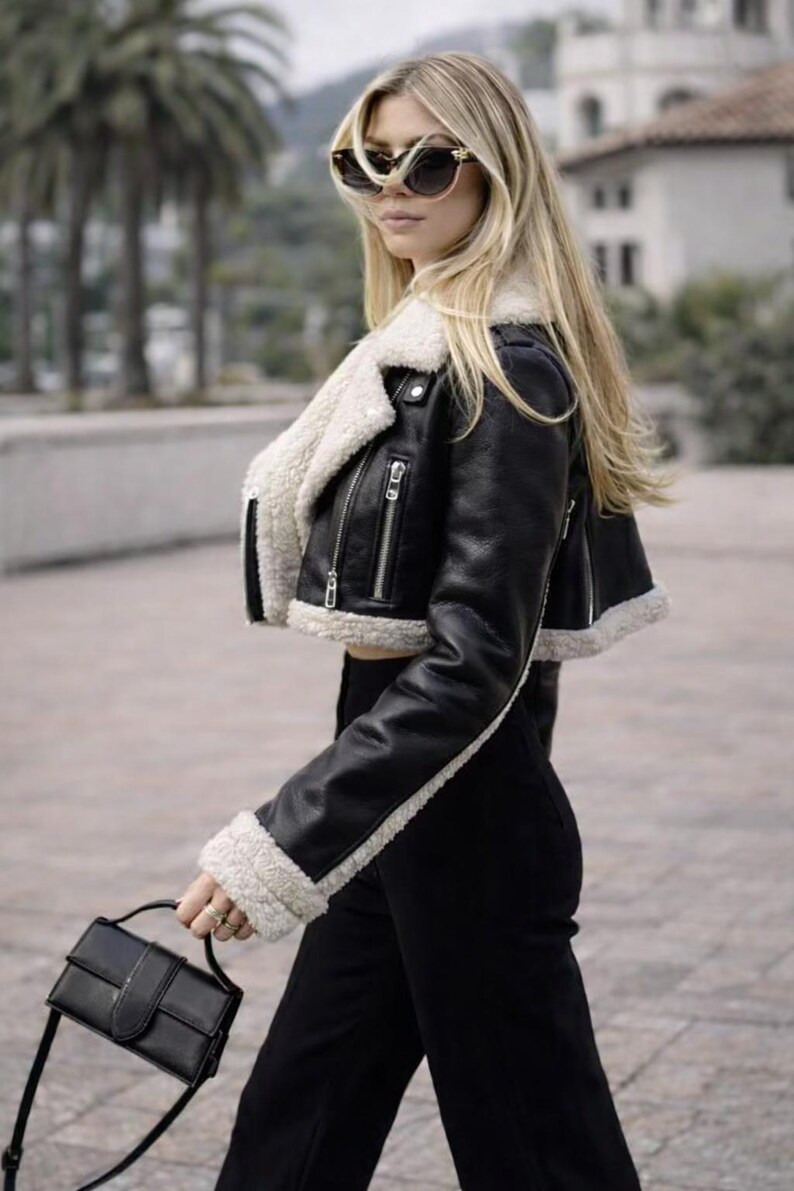 Women Leather Jacket Light Purple Faux Shearling Cropped Biker Coat Black