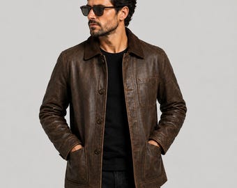 Handmade Men Distressed Brown Leather  Jacket | Vintage Heritage Style Barn Coat
