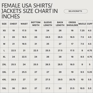 May include: Size chart for female USA shirts and jackets, with measurements in inches. Includes chest, waist, bottom width, sleeve length, back length, cross shoulder, muscle, and cuff measurements for sizes XS to 5XL.