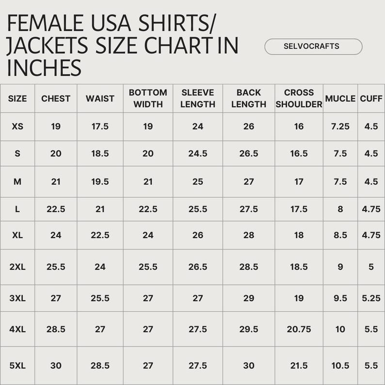 May include: Size chart for female USA shirts and jackets, with measurements in inches. Includes chest, waist, bottom width, sleeve length, back length, cross shoulder, muscle, and cuff measurements for sizes XS to 5XL.