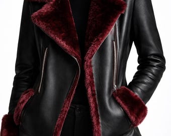 Women Handmade Black Leather Jacket | Faux Fur Collar Slim Fit Biker Winter Coat