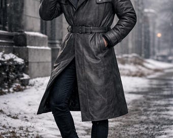 Men's Long Leather Trench Coat | Military Style Hooded Leather Jacket