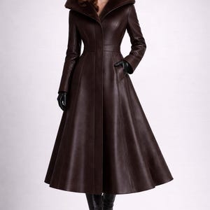 Women Leather Coat Long A Line Winter Jacket Minimalist Luxury Elegant Full Length Modern Outerwear