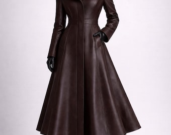 Women Leather Coat Long A Line Winter Jacket Minimalist Luxury Elegant Full Length Modern Outerwear