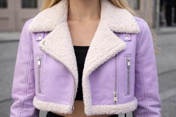 Women Leather Jacket Light Purple Faux Shearling Cropped Biker Coat
