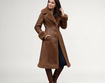 Women’s Brown Shearling Leather Coat – Long Winter Jacket
