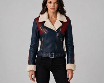 Handmade Women Americana Aviator Jacket | Cowhide Leather Shearling Biker Coat