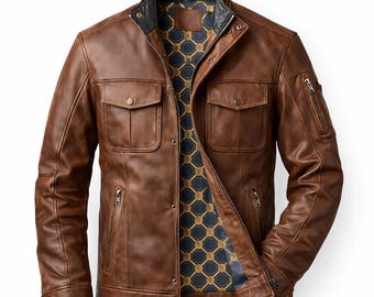Men’s Lambskin Leather Jacket, Casual Biker Workwear Retro Style Coat
