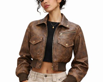 Women's Distressed Leather Bomber Jacket | Retro Cropped Bike r Coat  Women