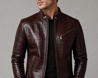 Handmade Men Crocodile-Pattern Jacket | Vintage Biker  leather Coat