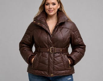 Women Leather Puffer Jacket | Belted Leather handmade  Coat