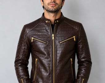 Chocolate Brown Cowhide Leather Jacket Men | Croc Embossed Biker Jacket