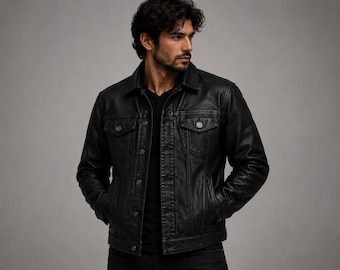 Handmade Men Halloween Leather Jacket | Printed Raven King Black Trucker Coat