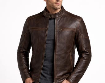 Men’s Brown Leather Jacket – Slim Fit Motorcycle Biker Jacket Easter gift