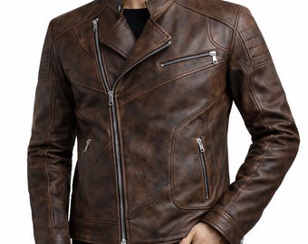 Men's Distressed Leather Cafe Racer Jacket | Handmade  Slim Fit Outerwear