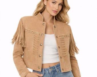 Womens Suede Fringe Jacket: Western Cowgirl Boho Cropped Festival Outfit