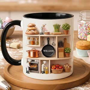 Personalized Chef Mug, Custom Name Kitchen Coffee Cup, 3D Cooking Shelf Design, Gift for Dad Husband, Gift For Home Chefs And Cooking