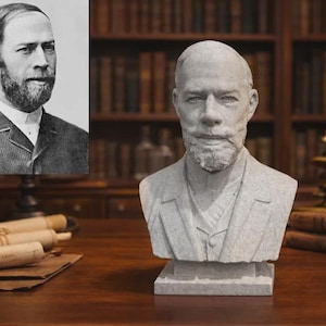 May include: A light grey stone bust depicting a man with a short beard and moustache, wearing a collared shirt and jacket. The sculpture features detailed facial features and a textured surface, resting on a square base, presented alongside a portrait.