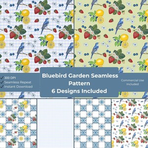 Handritat sömlöst mönster med blåfågelträdgård, digitalt papper med jordgubb och citron, kakeldesign för stugfrukt, sublimering av tyg