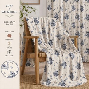 May include: A cozy, whimsical throw blanket and matching curtain set. The white fabric features a repeating pattern of blue bears and whimsical objects. The text "COZY & WHIMSICAL" and "HIGH QUALITY PNG FILE" are visible.