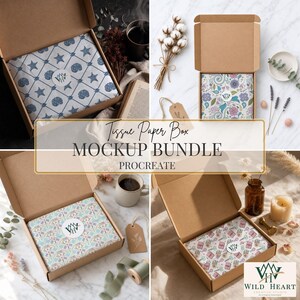 Procreate Seidenpapier Box Mockup Bundle | 4 Kraft Mailer Box Mockups | Oberflächenmuster Verpackung Präsentation | Sofort Download